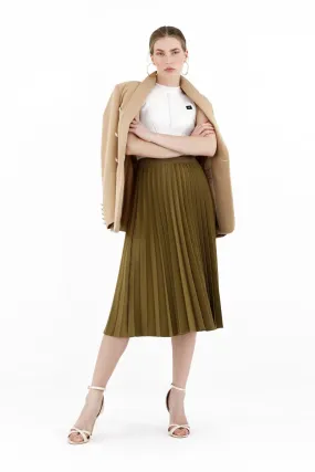 Khaki Pleated Skirt High Waist Elastic Waist Band Midi Skirt