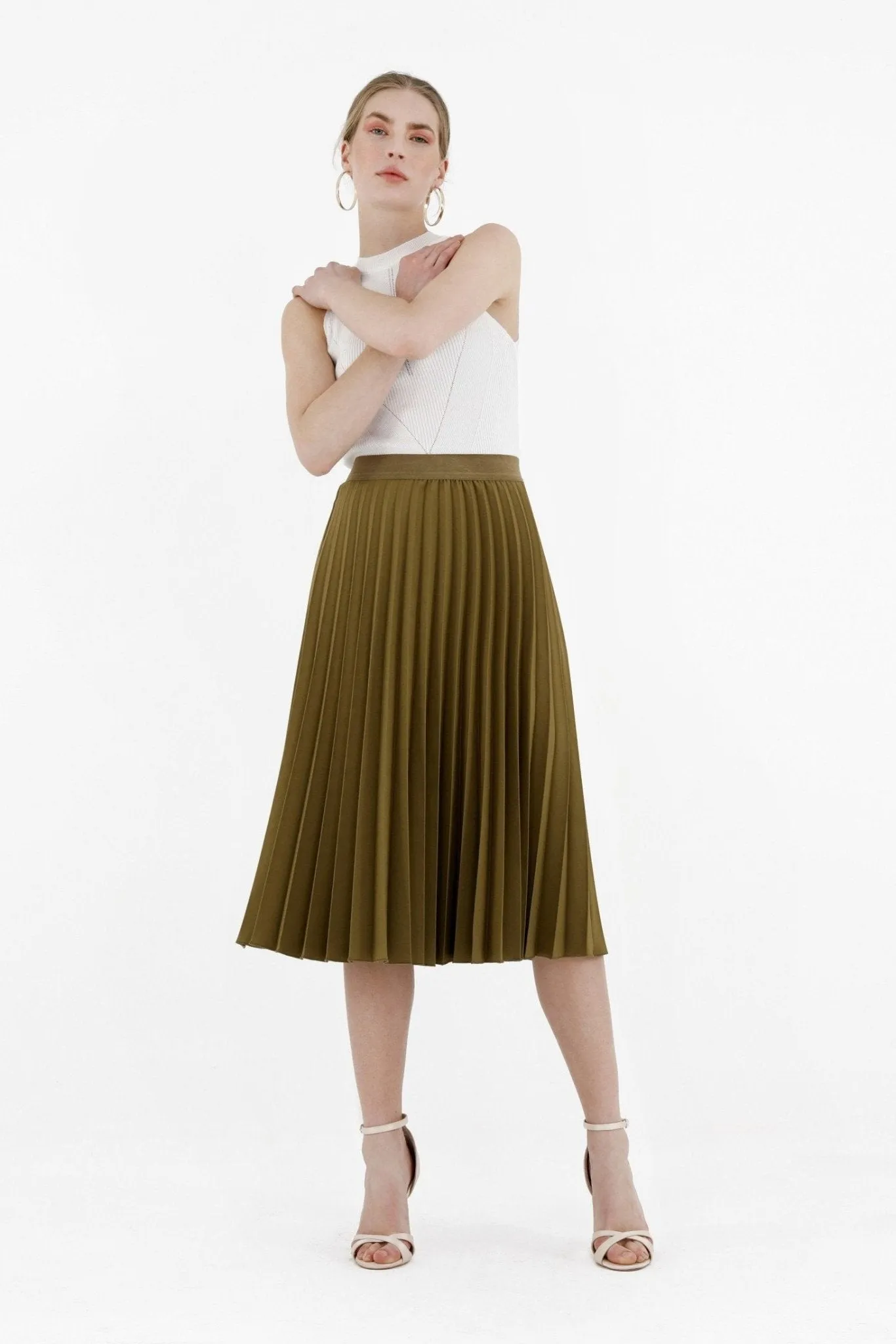 Khaki Pleated Skirt High Waist Elastic Waist Band Midi Skirt