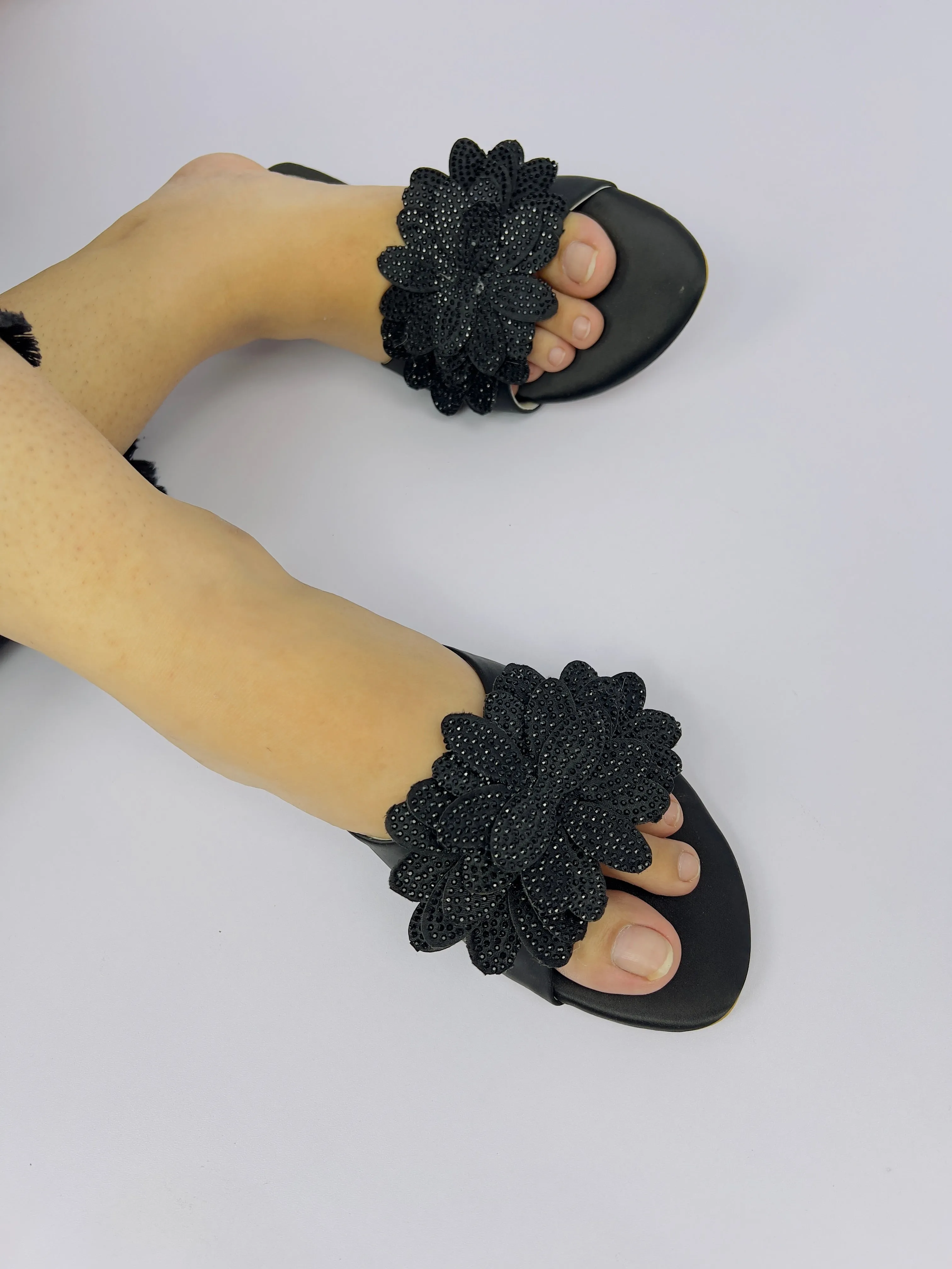 Melena Black Shiny Diamante Flower Slides