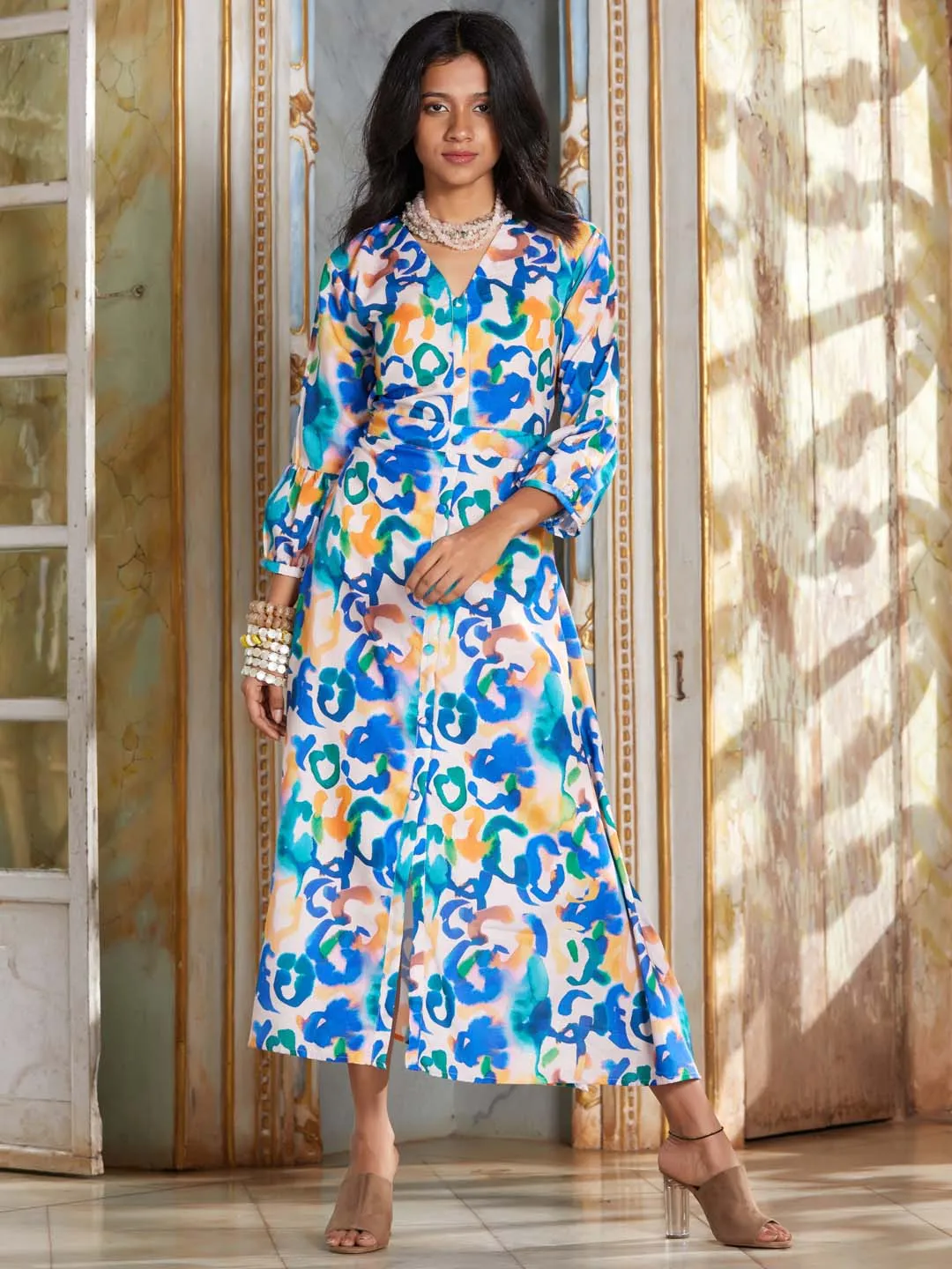 Multicolor Print Cotton Blend A-Line Midi Dress