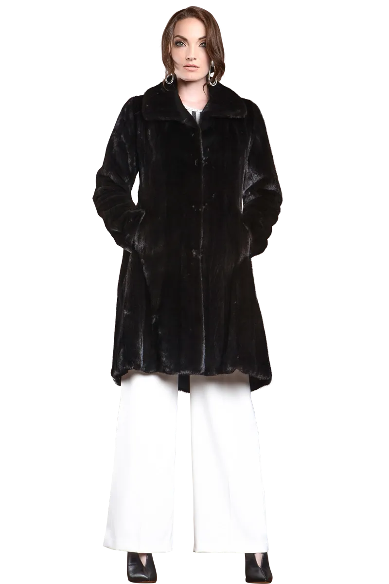 Natural Mid-Length Mink Fur Coat - Wing Collar - Straight Sleeve