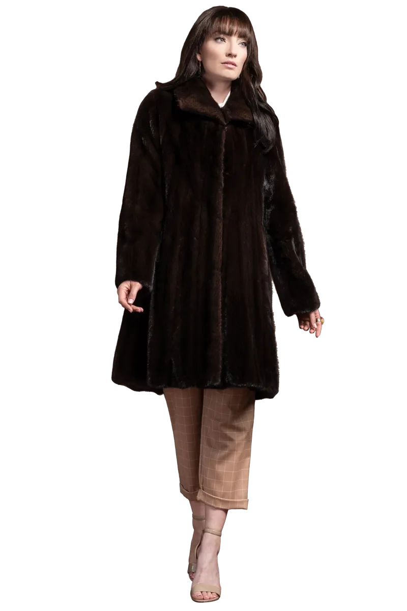 Natural Mid-Length Mink Fur Coat - Wing Collar - Straight Sleeve