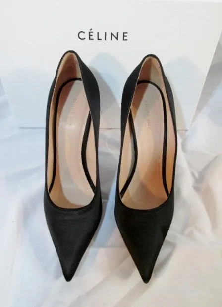 NEW CELINE PARIS ITALY Satin Pump 105 Stiletto Shoe BLACK 36 / 6 Womens High Heel