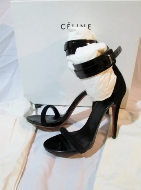 NEW CELINE PARIS ITALY Suede LEATHER Sandal Pump Shoe BLACK 36 / 6 Womens Strappy