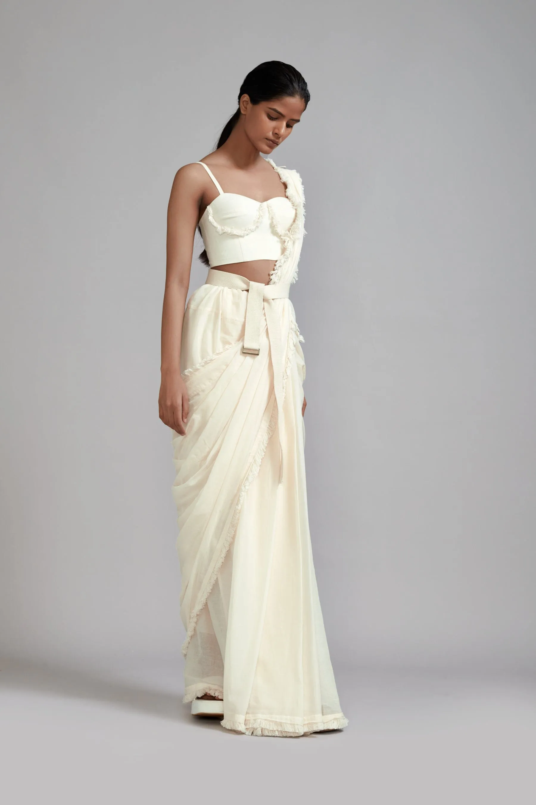 Off-White Fringed Saree