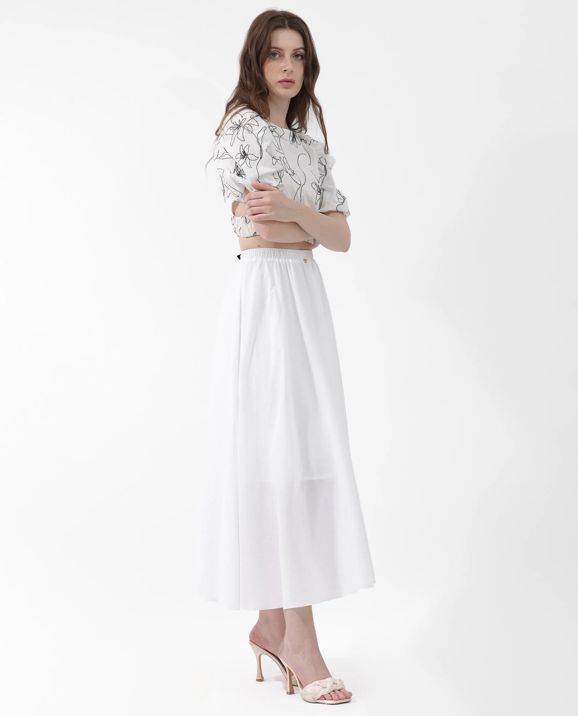 Rareism Women Alina White Cotton Fabric Regular Fit Plain Midi Skirt