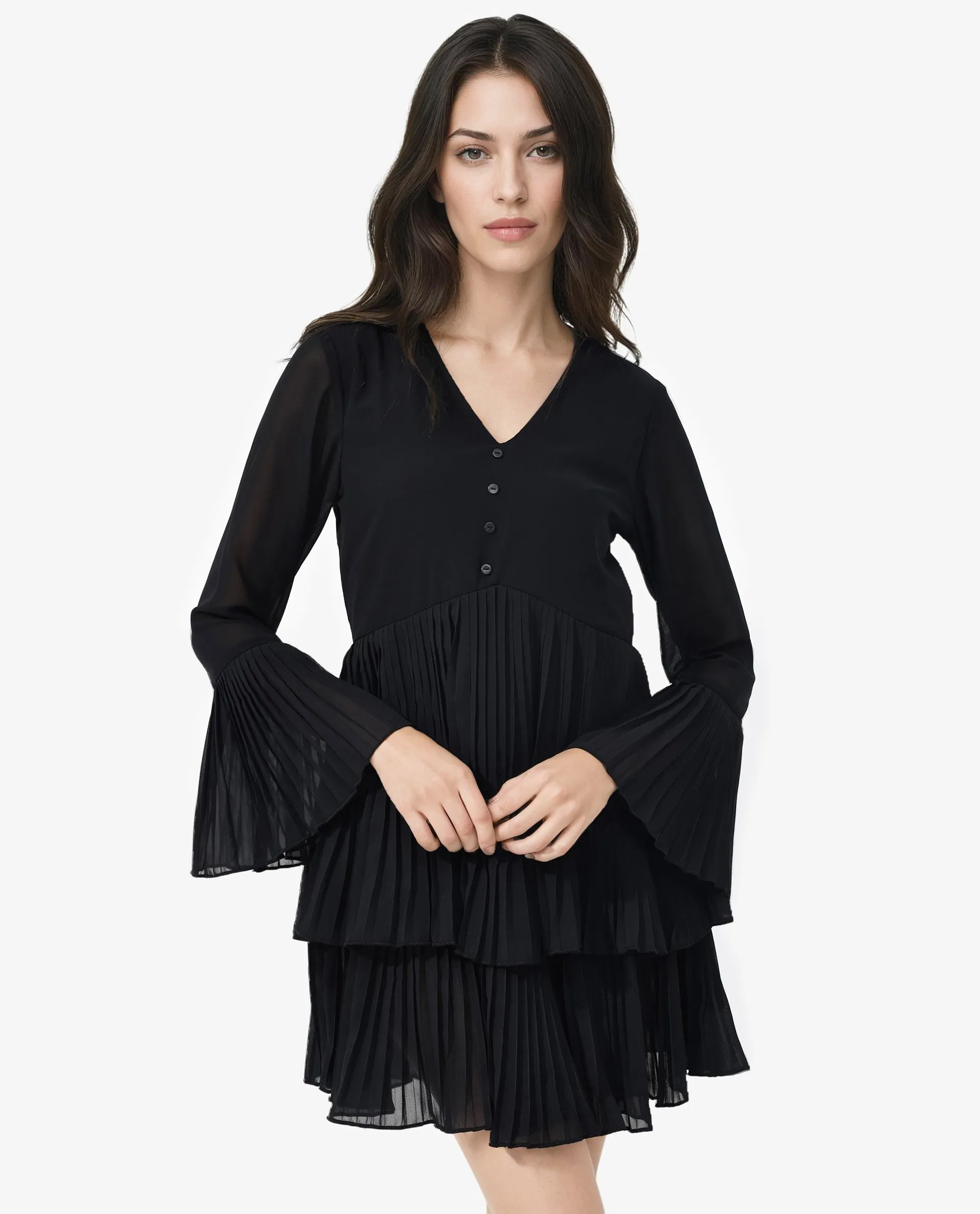 Rareism Women Olympia Black Polyester Fabric Full Sleeve Collared Neck Solid Regular Length Dress