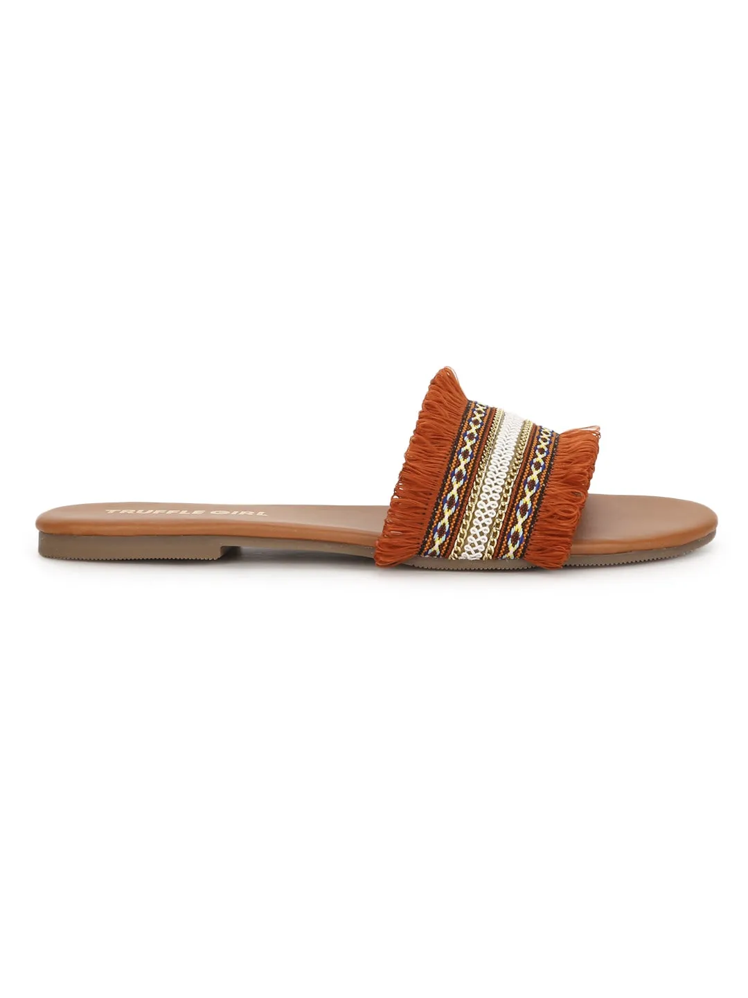 Rust Crochet Frills PU Slide on Flat Sandals