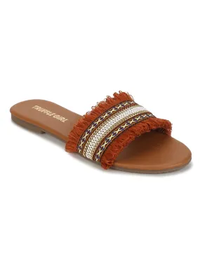 Rust Crochet Frills PU Slide on Flat Sandals