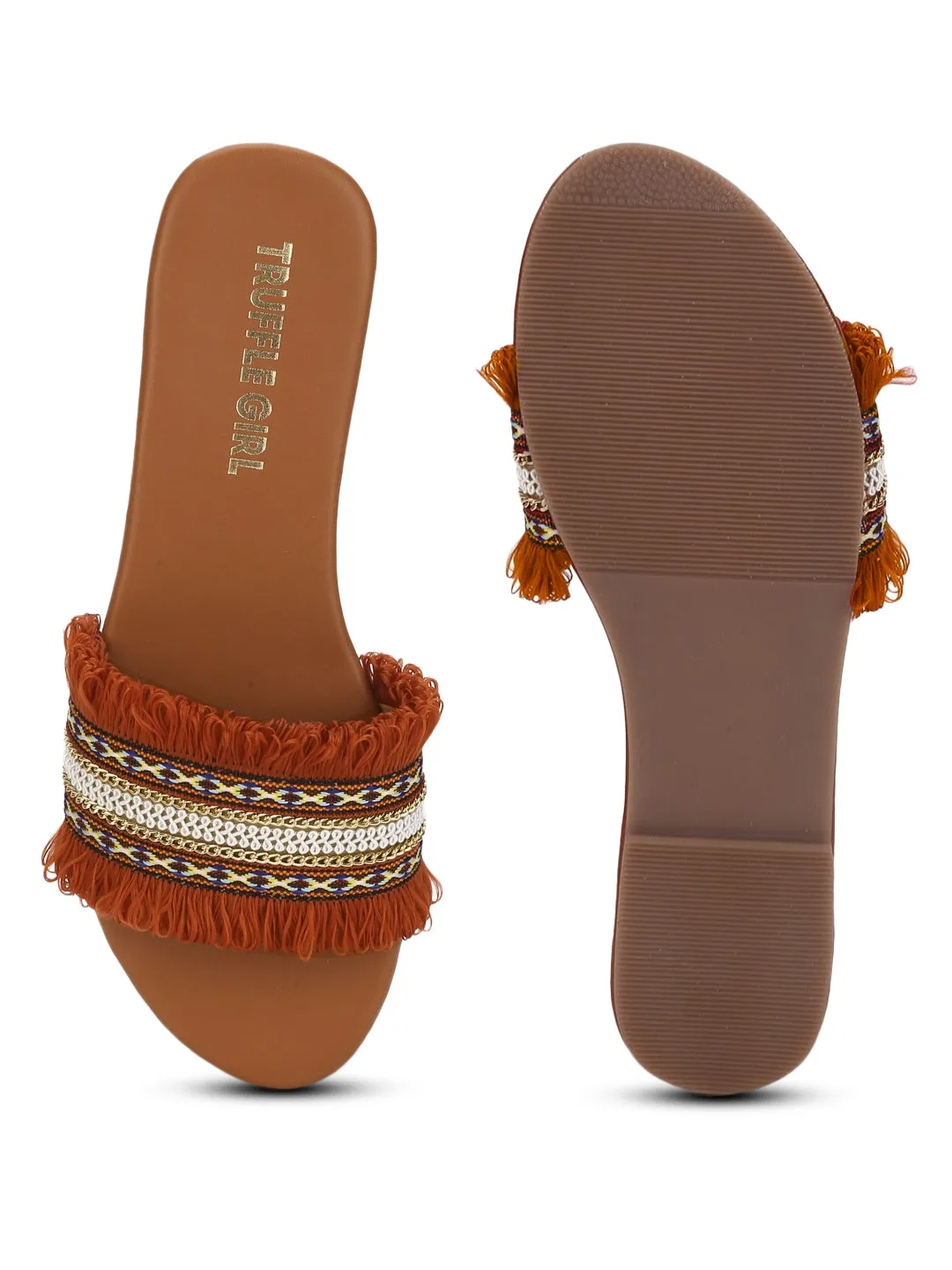 Rust Crochet Frills PU Slide on Flat Sandals