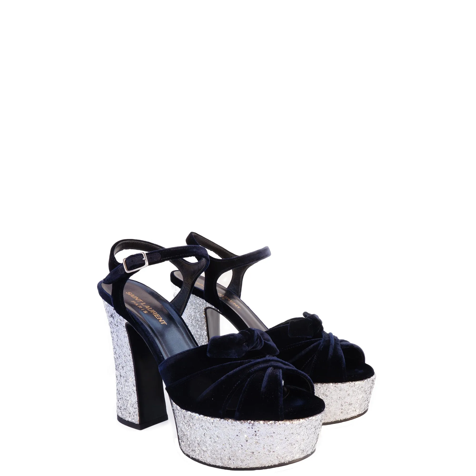 SAINT LAURENT CANDY VELVET AND GLITTER PLATFORM SANDALS