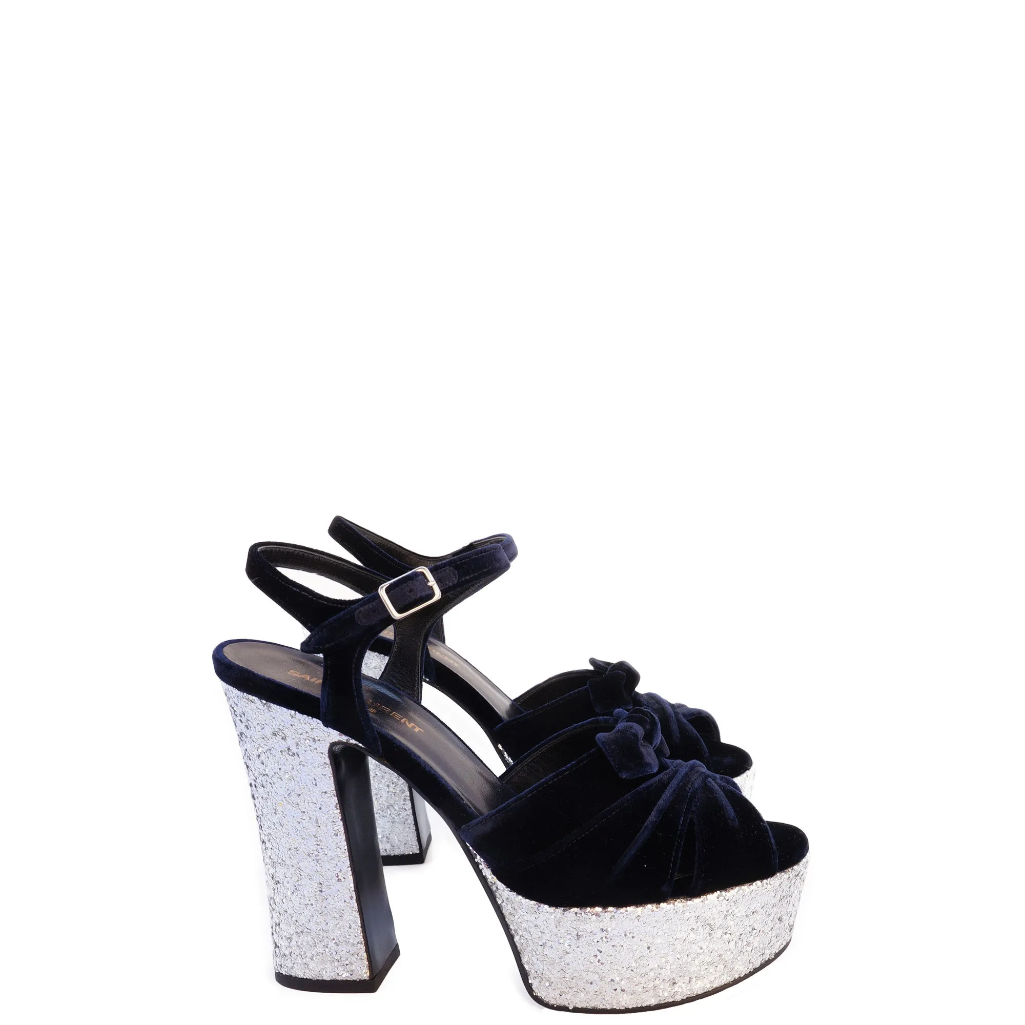 SAINT LAURENT CANDY VELVET AND GLITTER PLATFORM SANDALS