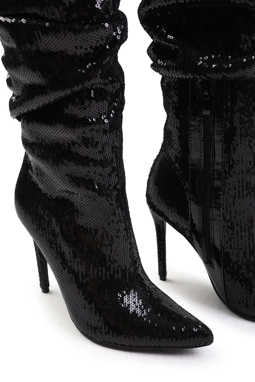 SPARKLE BELOW KNEE SEQUIN SLOUCH BOOTS IN BLACK