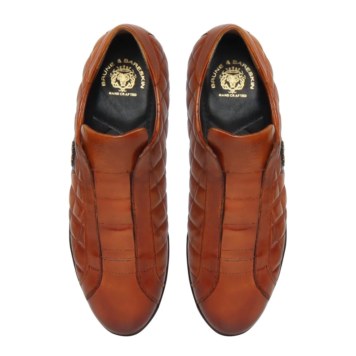 Tan Diamond Stitched Leather Comfort Sneakers