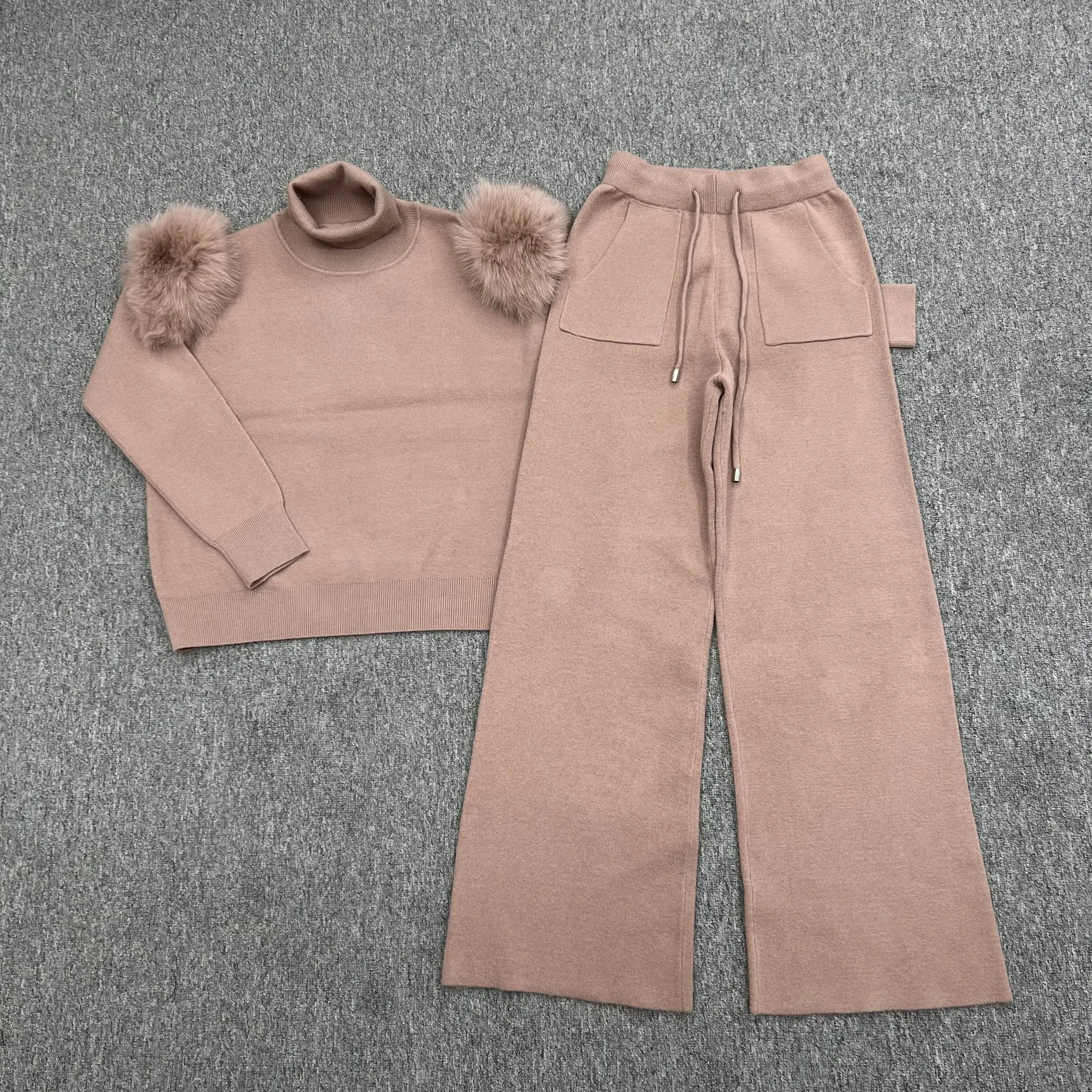 Taupe Luxury Fur Roll Neck Wide Leg Tracksuit