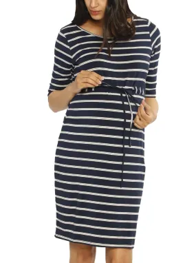 The Mummy Drawstring Half Sleeve Dress - Navy & White Stripes