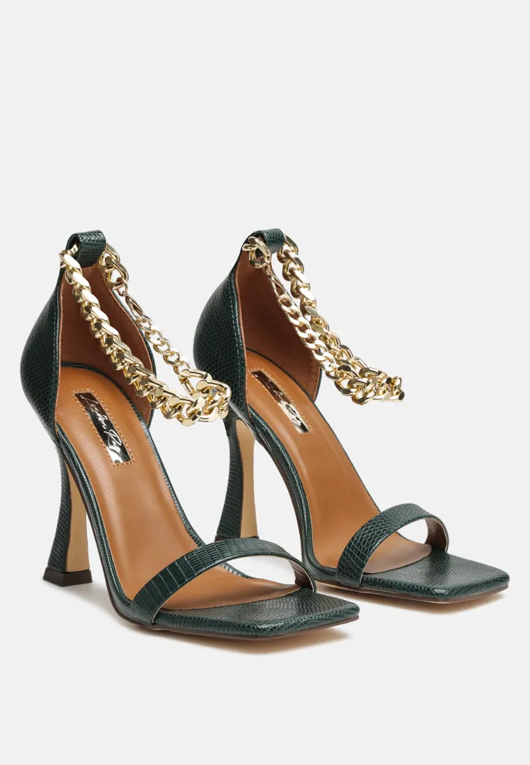 Venusta Metallic Chain Detail Spool Heel Sandals