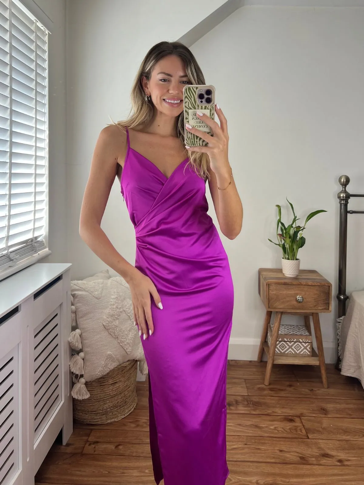 Vera Satin Drape Midi Dress in Purple