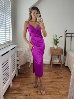 Vera Satin Drape Midi Dress in Purple