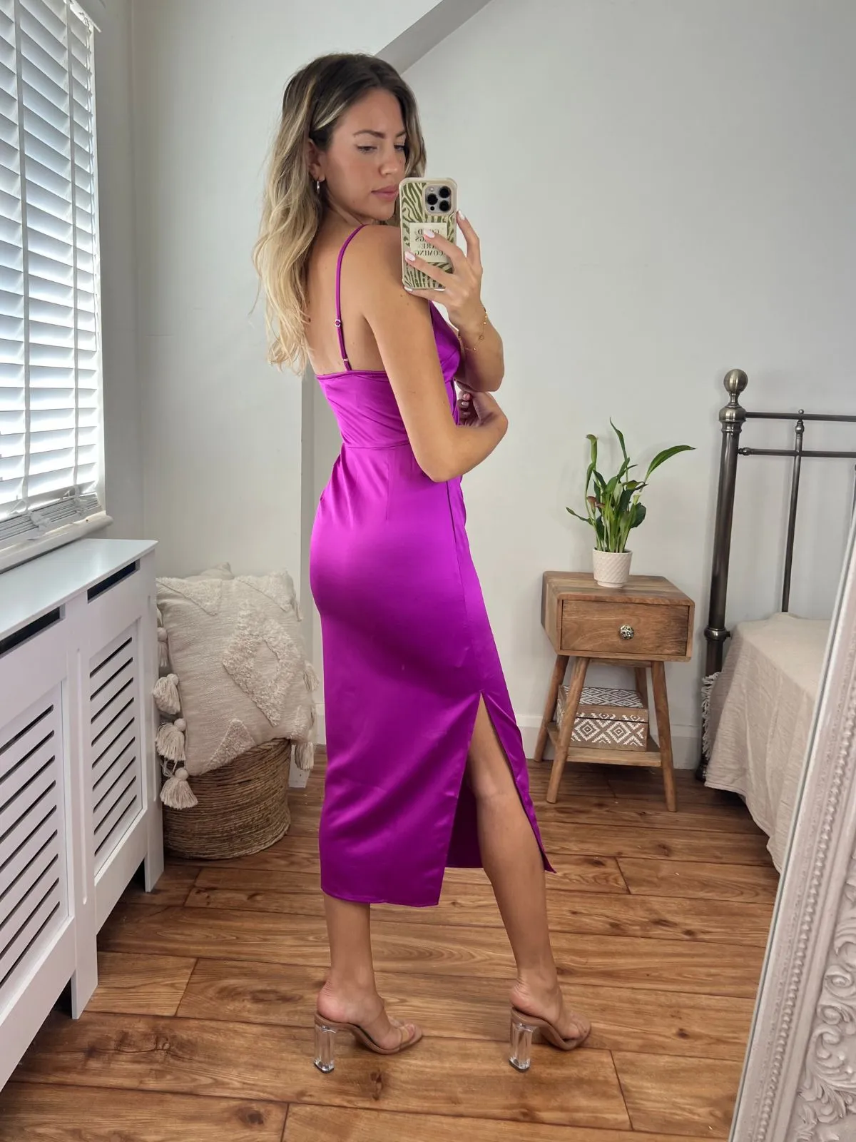 Vera Satin Drape Midi Dress in Purple