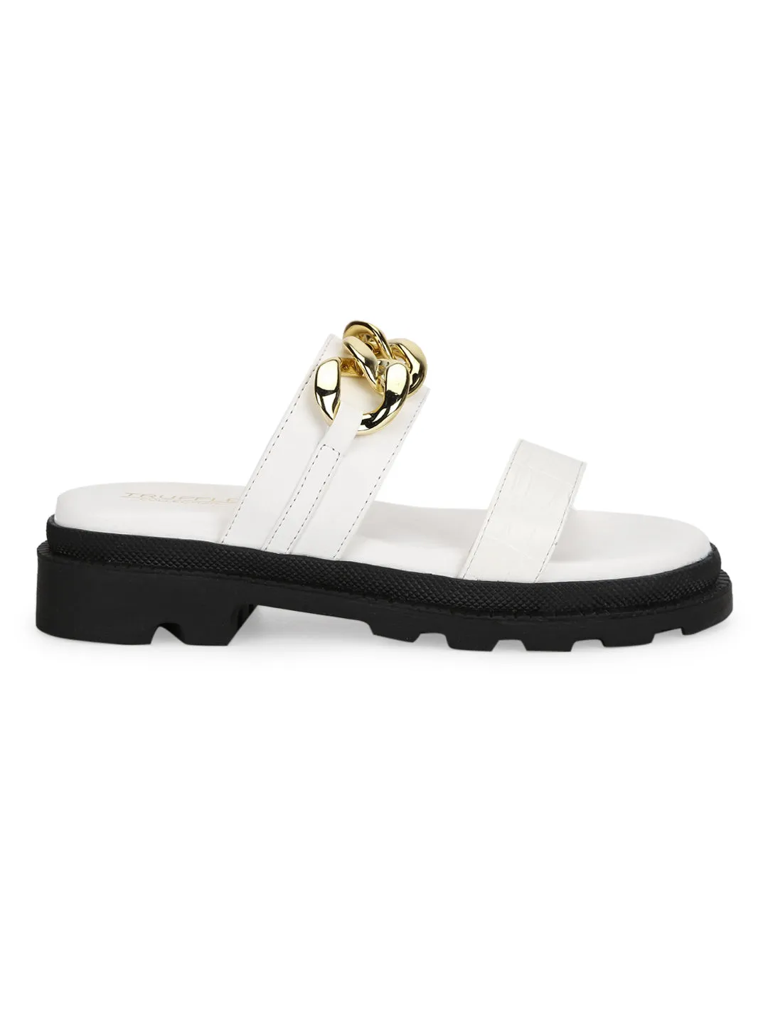 White PU Chained Platform Flats (TC-ST-1219-WHTPU)