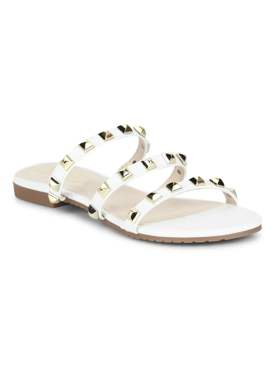 White Strappy Studded Slip-On Flats