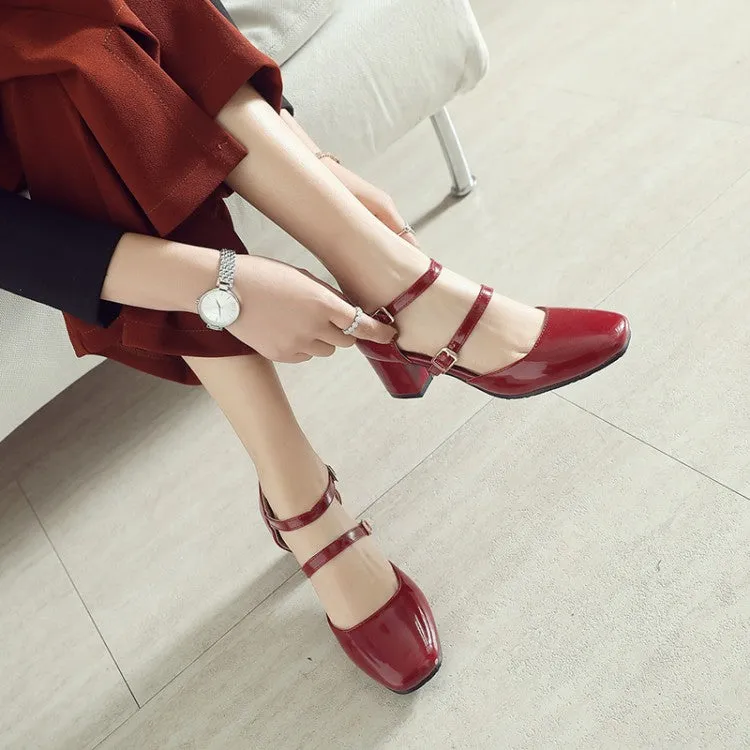 Women's Patent Leather Round Toe Hollow Out Ankle Strap Block Heel Sandals