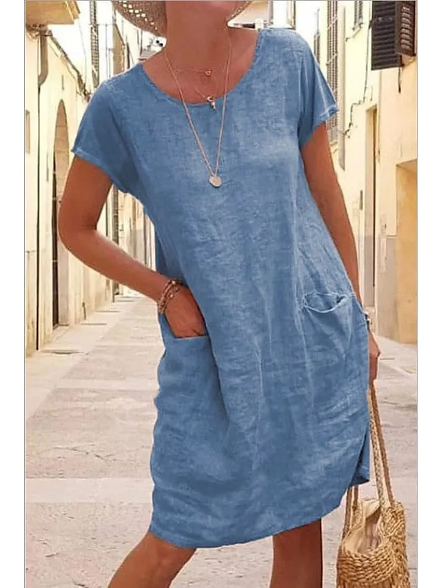 Women's Shift Dress Knee Length Dress Short Sleeve Pure Color Pocket Spring Summer Crew Neck Basic Casual Classic Loose 2023 S M L XL 2XL 3XL 4XL 5XL / Cotton