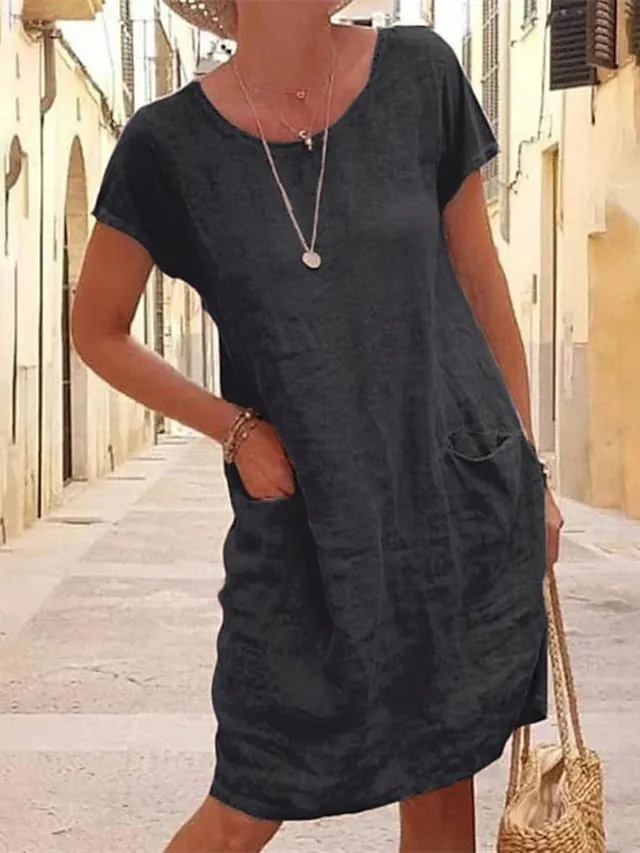 Women's Shift Dress Knee Length Dress Short Sleeve Pure Color Pocket Spring Summer Crew Neck Basic Casual Classic Loose 2023 S M L XL 2XL 3XL 4XL 5XL / Cotton