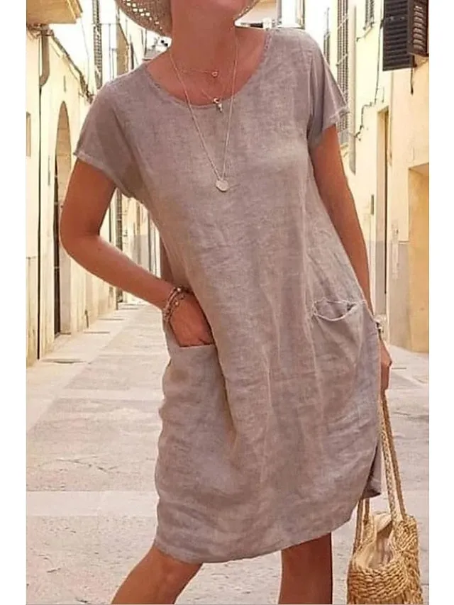 Women's Shift Dress Knee Length Dress Short Sleeve Pure Color Pocket Spring Summer Crew Neck Basic Casual Classic Loose 2023 S M L XL 2XL 3XL 4XL 5XL / Cotton