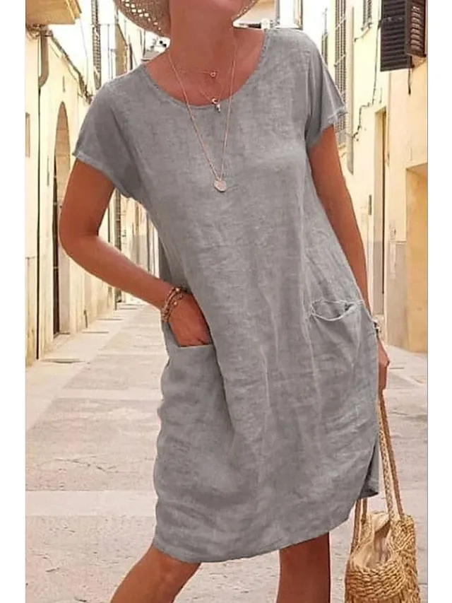 Women's Shift Dress Knee Length Dress Short Sleeve Pure Color Pocket Spring Summer Crew Neck Basic Casual Classic Loose 2023 S M L XL 2XL 3XL 4XL 5XL / Cotton