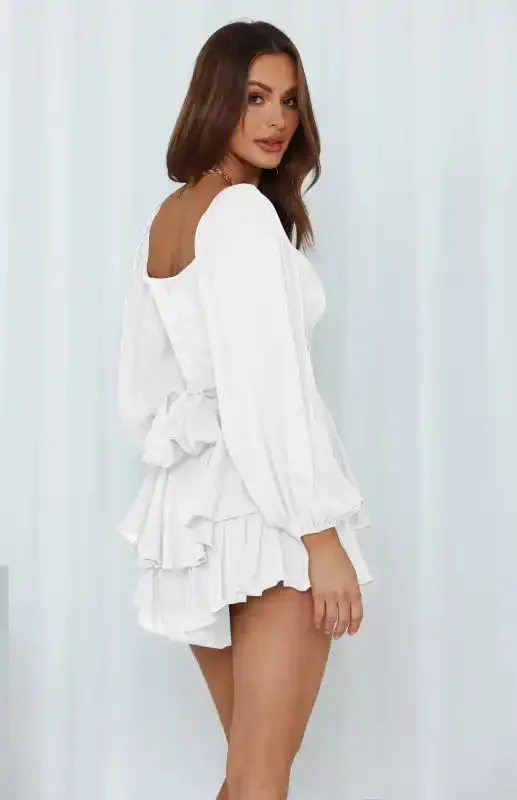 Women’s Square Neck Lantern Long Sleeve One Piece Ruffle Shorts Casual Culottes