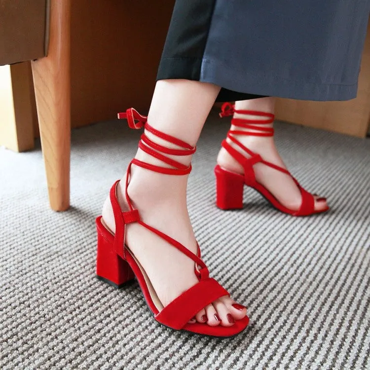 Women's Suede Square Toe Ankle Strap Block Heel Sandals