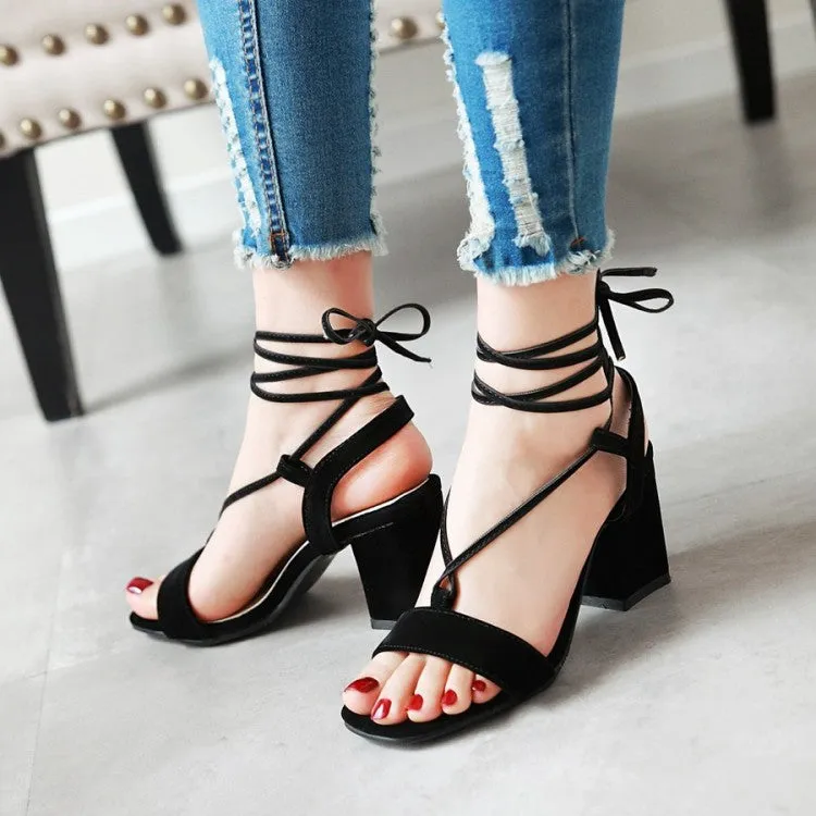 Women's Suede Square Toe Ankle Strap Block Heel Sandals