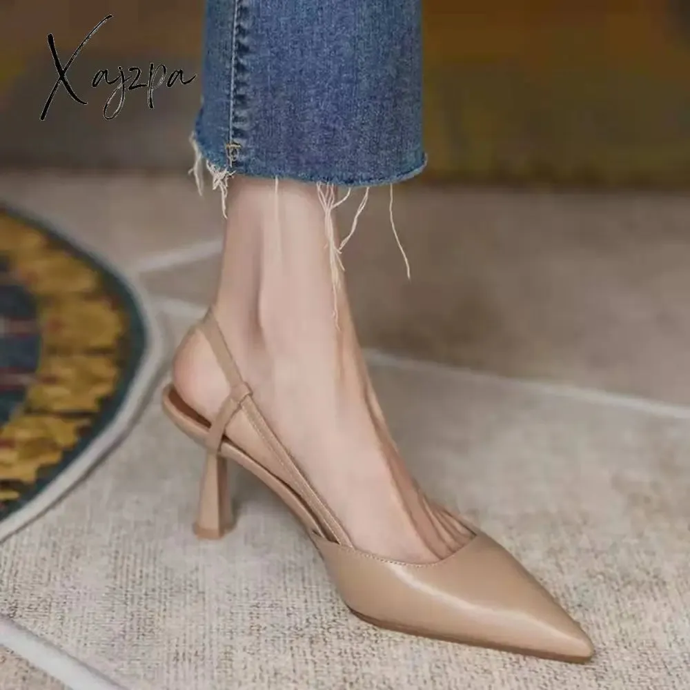 Xajzpa - Spring Women's Pumps Belt Buckle Back Strape Med Heel Solid Pointed Toe Ladies Heels Office Luxury Casual Ins Khaki Female Shoes